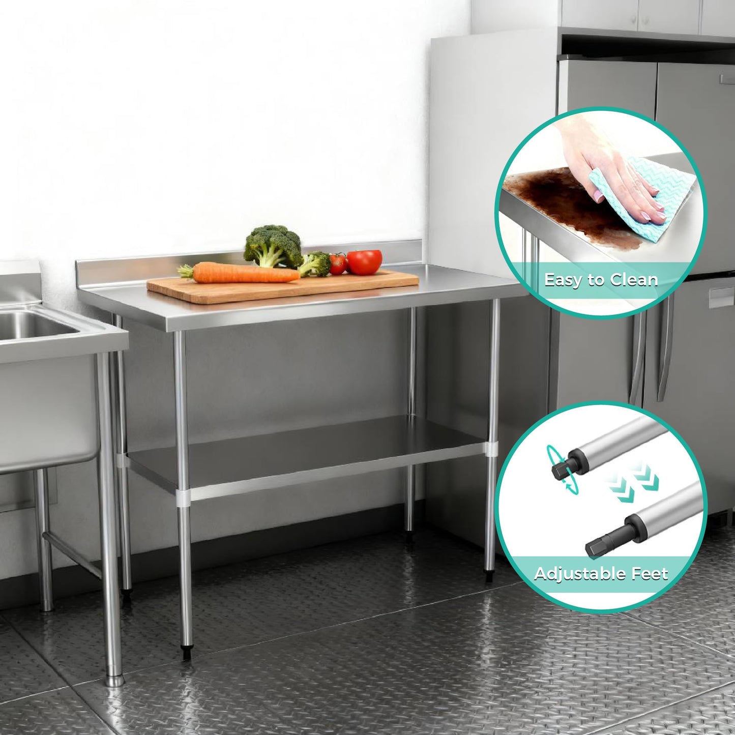 Okeyolive Stainless Steel Work Table 30 x 48 Inch, NSF Commercial Prep Table with Undershelf, Heavy Duty Food Prep Workstation with Backsplash