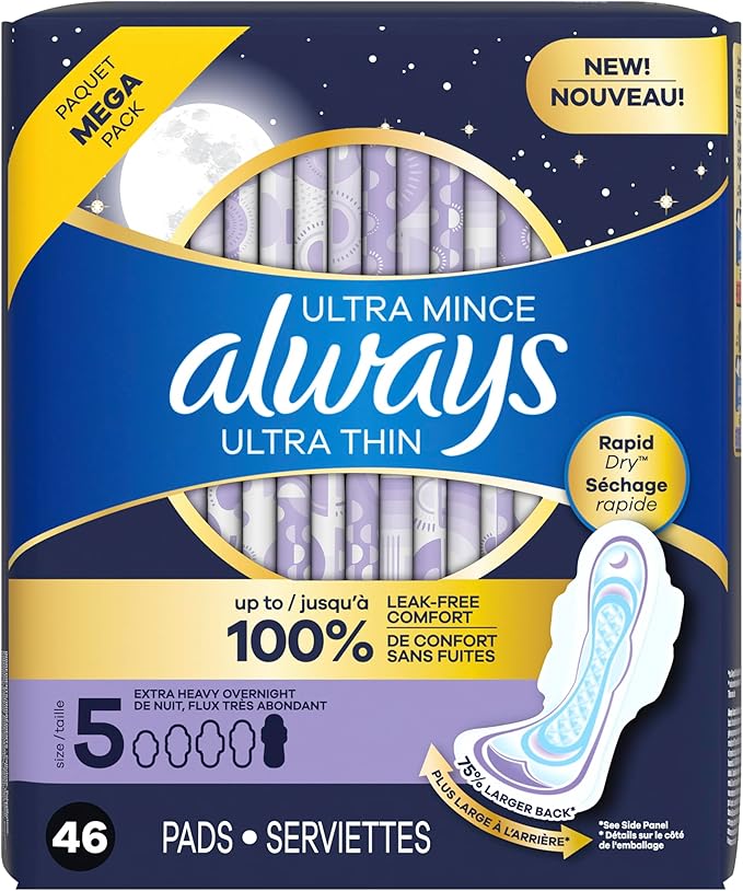 Always Ultra Thin Overnight Pads, Size 5, Extra Heavy Overnight, Unscented, 92 Count (2 Packs of 46)