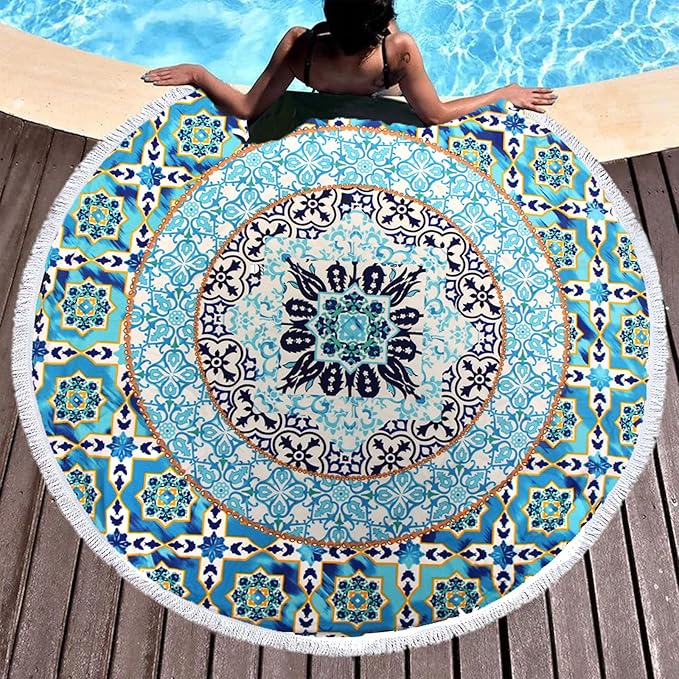 Pafusen Round Mandala Beach Towel Blanket/Boho Hippie Tapestry, Roundie Yoga Meditation Mat Picnic Rug, Bohemian Table Clo...