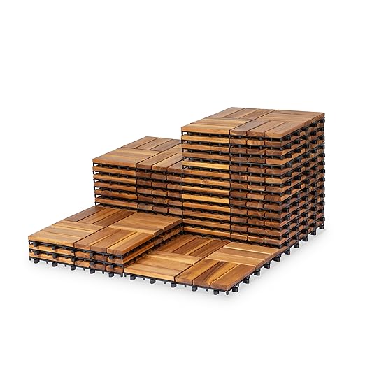 VICTORY RELAX Acacia Wood Decking Tiles 27PCS - Easy Snap Interlocking Deck Tiles for Patio Poolside Balcony Decor - All Weather Waterproof Flooring for Indoor & Outdoor (Round Joints)