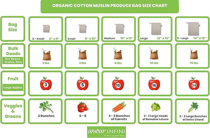 AMOUR INFINI Grocery Bags - Reusable Organic Cotton Food Safe Washable Produce Bags with Drawstrings - Set of 3 (Extra Large) Muslin Bags for Shopping, Vegetables & Fruits Shopping Bag