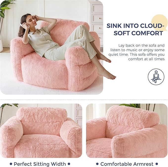 MAXYOYO Giant Bean Bag Chair for Adults, Ultra Soft Fluffy Bean Bag Sofa, Oversized Floor Sofa for Living Room Bedroom, Cozy Reading Chair with Filler, Pink