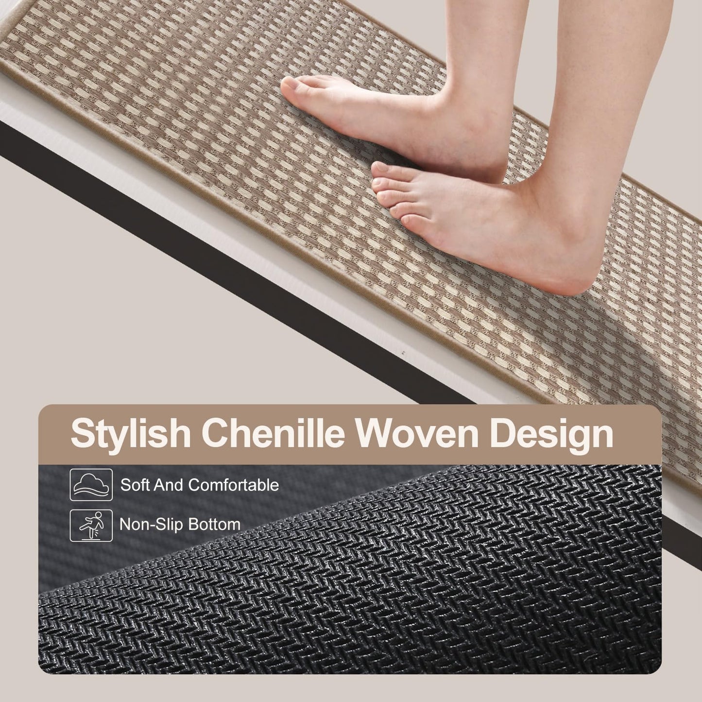 Bath Mat Ultra Thin Bathroom Rugs, Soft Braided Non-Slip Washable Bath Mat, Super Absorbent Bath Rug Mat, Rubber Backing, Fit Under Door Bathroom Floor Tub, Brown Checked Pattern,16"×24"
