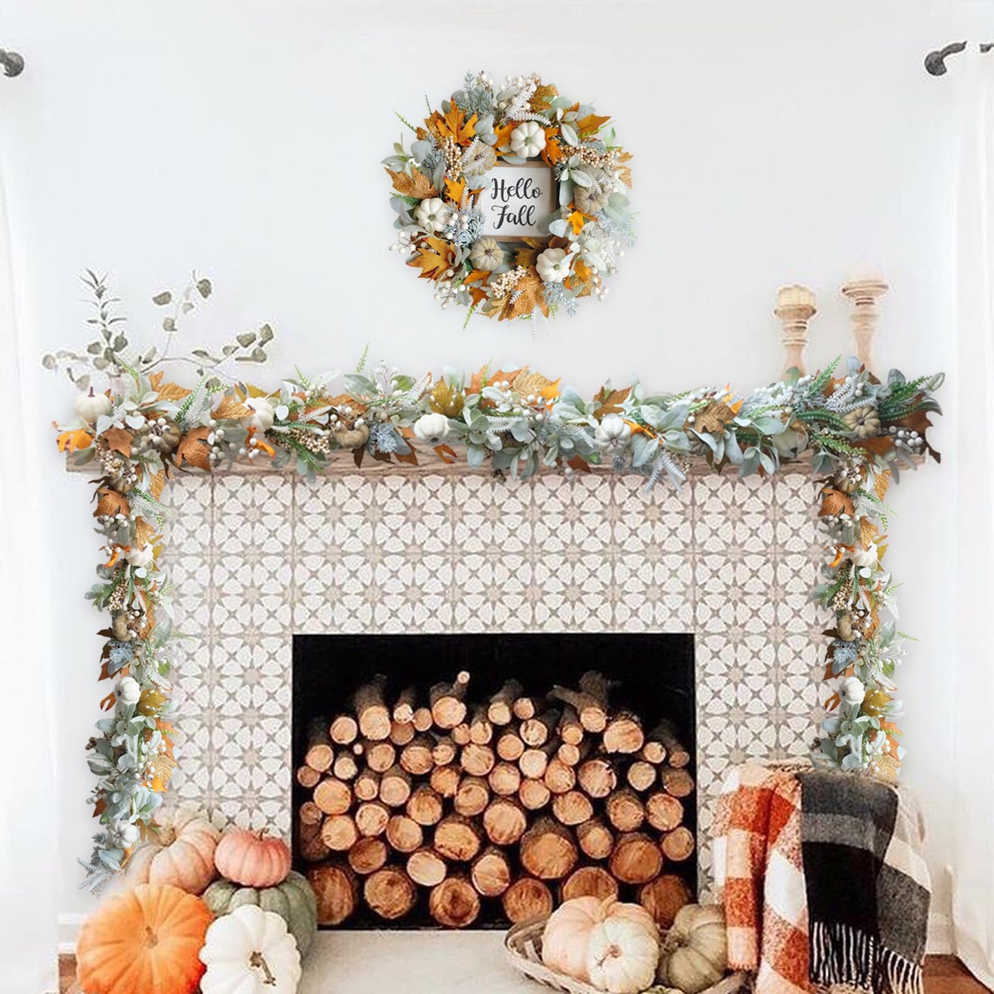 CIR OASES Thanksgiving Fall Wreath, Eucalyptus Berries Pumpkins Lamb Ears Leaves Autumn Wreaths for Front Door, Fall Decor, Porch Wall, Home Outdoor Holiday Decorations (Pumpkin Garland)