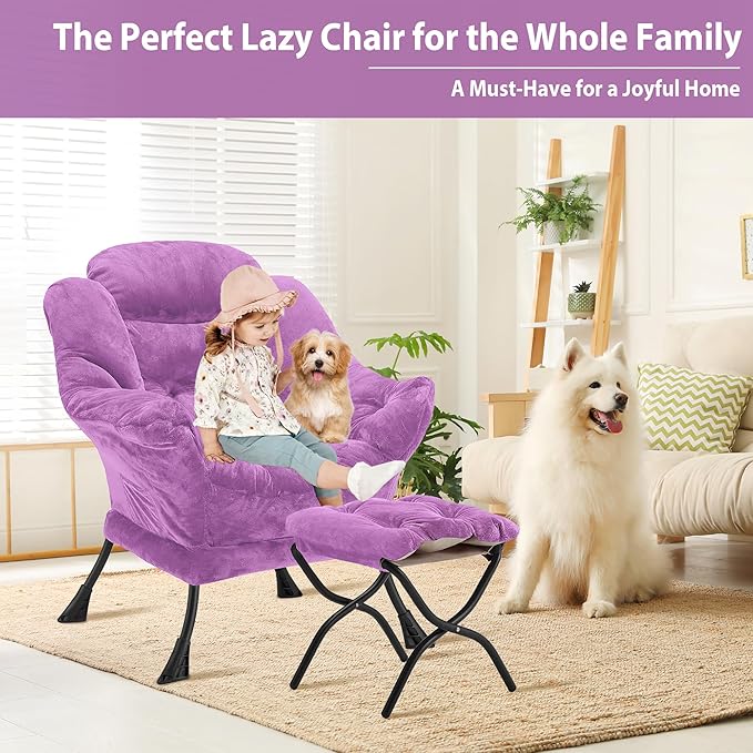 Youtanic Lazy Chair with Folding Ottoman, Accent Chair Plush Upholstered with Metal Structure and Non-Slip Pads, Sofa Armchair with Footrest and Side Storage Bag for Dorm, Room, Office, Purple