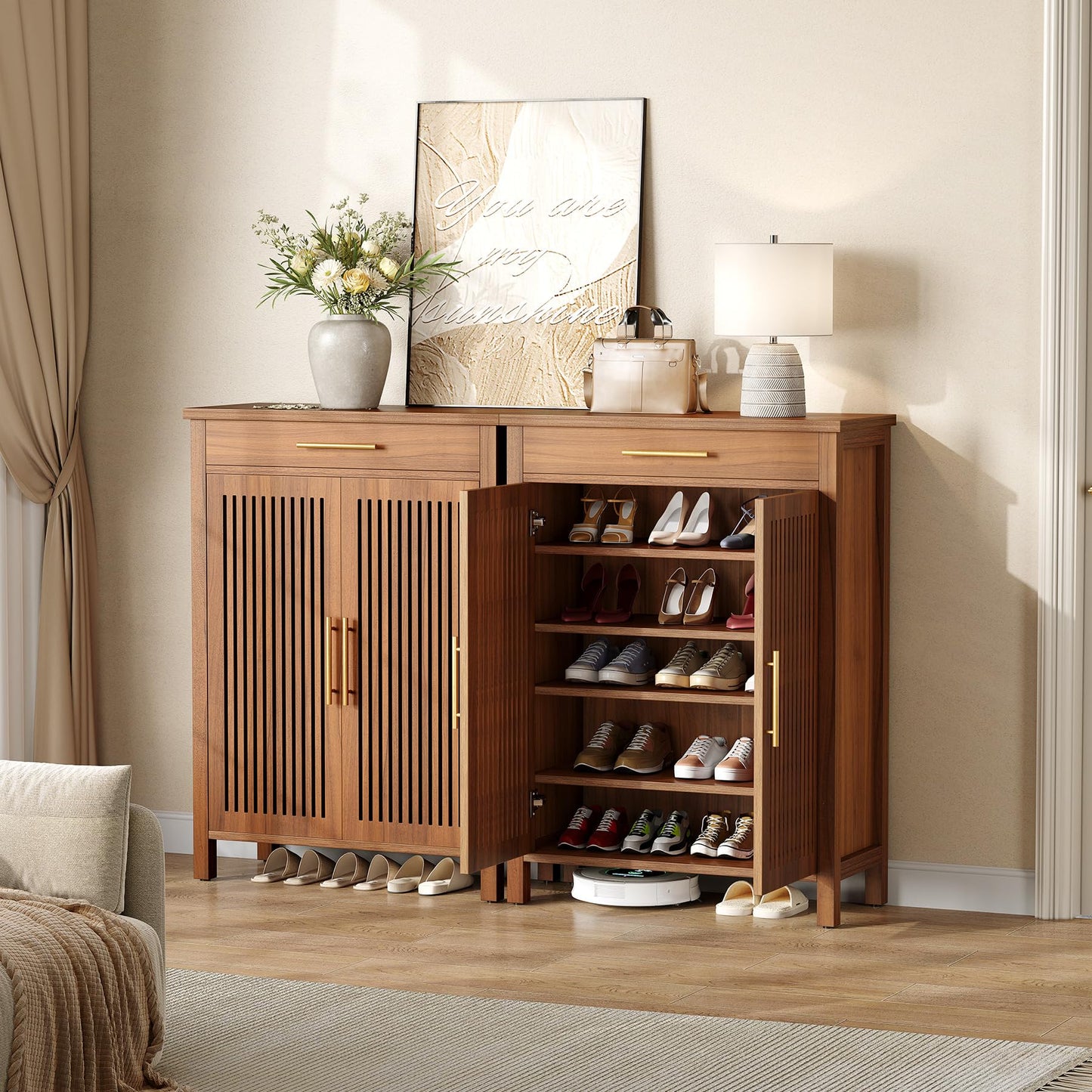 LITTLE TREE Narrow Storage Shoe Rack, 6-Tier Wooden Shoe Cabinet with Drawer, Freestanding Slim Shoe Cabinet Shoe Organizer for Entryway, Hallway, Closet, Bedroom, Living Room, Brown