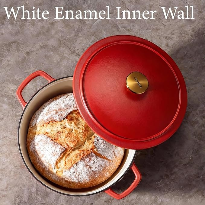 CAROTE 5QT Enameled Cast Iron Dutch Oven Pot with Lid, Heavy-Duty Dutch Oven for Sourdough Bread Baking, Braising, Stews, Roasting, Healthy & Non-Toxic, Dual Handles, All Stovetop Compatible, Oven Safe up to 500° F, Red
