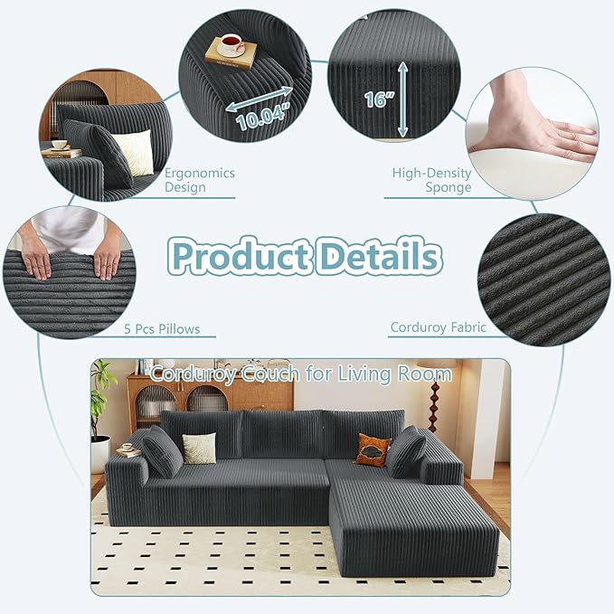 96" Cloud Sectional Couch with L-Shape Chaise, Modern Corduroy Boneless Couch for Living Room,Memory Foam Sofa with Deep Seat,No Assembly Required (Grey,Right-Facing Chaise)