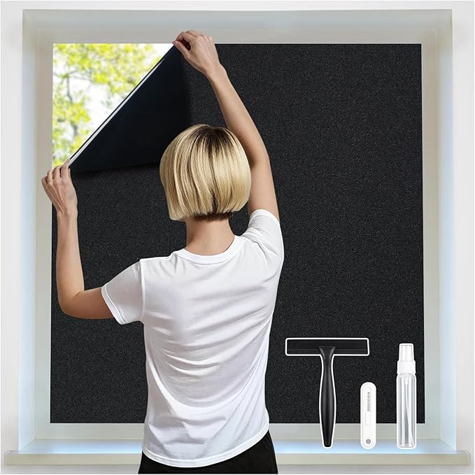 rabbitgoo Blackout Window Film 100% Light Blocking, Static Cling No Glue Easy Install, Removable Room Darkening Window Cover for Daytime Sleep, Bedroom, Nursery, Home Theater, 17.5 by 157.4 inch