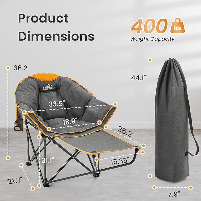 OUTDOOR LIVING SUNTIME Oversized Padded Comfy Camping Chair with Removable Footrest，Weight Capacity 400LBS, Heavy Duty Moon Round Leisure Folding Chair for Camping, Hiking, Carry Bag, Orange