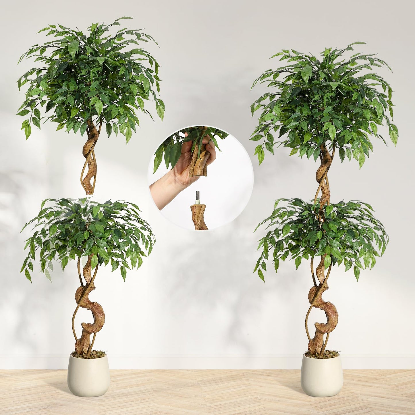 GarveeHome Ficus Artificial Tree with Curved Trunk，5 Feet Faux Plant Fake Silk Trees with White Pot, Fake Ficus Tree for Home Decor, Artificial Plants Indoor for Office Living Room