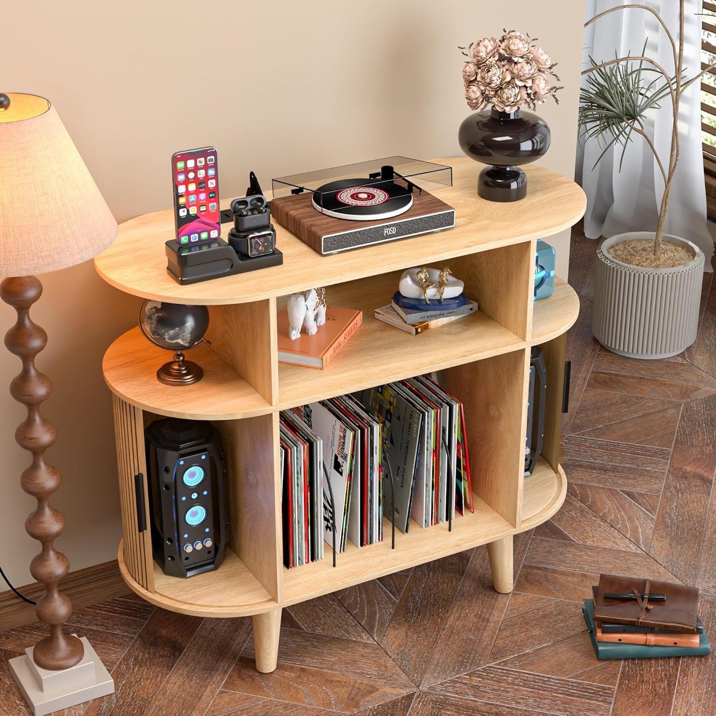 Large Round Record Player Stand with Charging Station & USB Ports，Record Storage Cabinet, Mid Century Modern Turntable Stand for Bedroom Living Room (Small Oak)