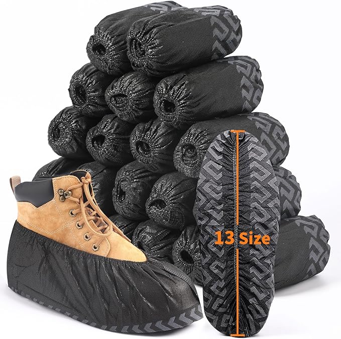 Shoe Covers Disposable 200 Pack (100 Pairs) - Durable, Non-Slip, Water Resistant, and Recyclable Boot Covers for Indoor and Outdoor Use - One Size Fits Most-Black (Black 200 Pcs (Xl))