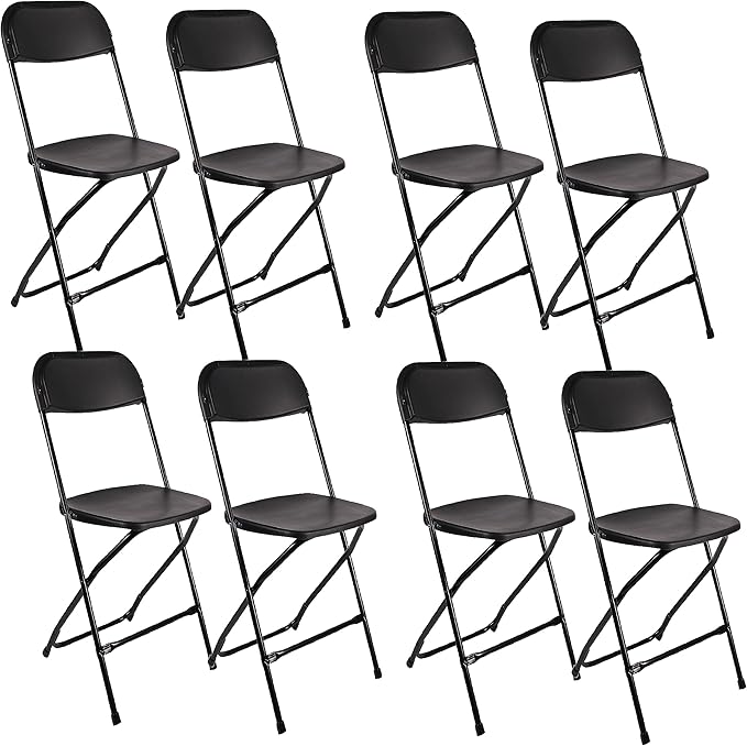 BTEXPERT® Set of 8, Black Plastic Folding Chair Steel Frame Commercial High Capacity Event Chair Lightweight Set for Office Wedding Party Picnic Kitchen Dining Church School