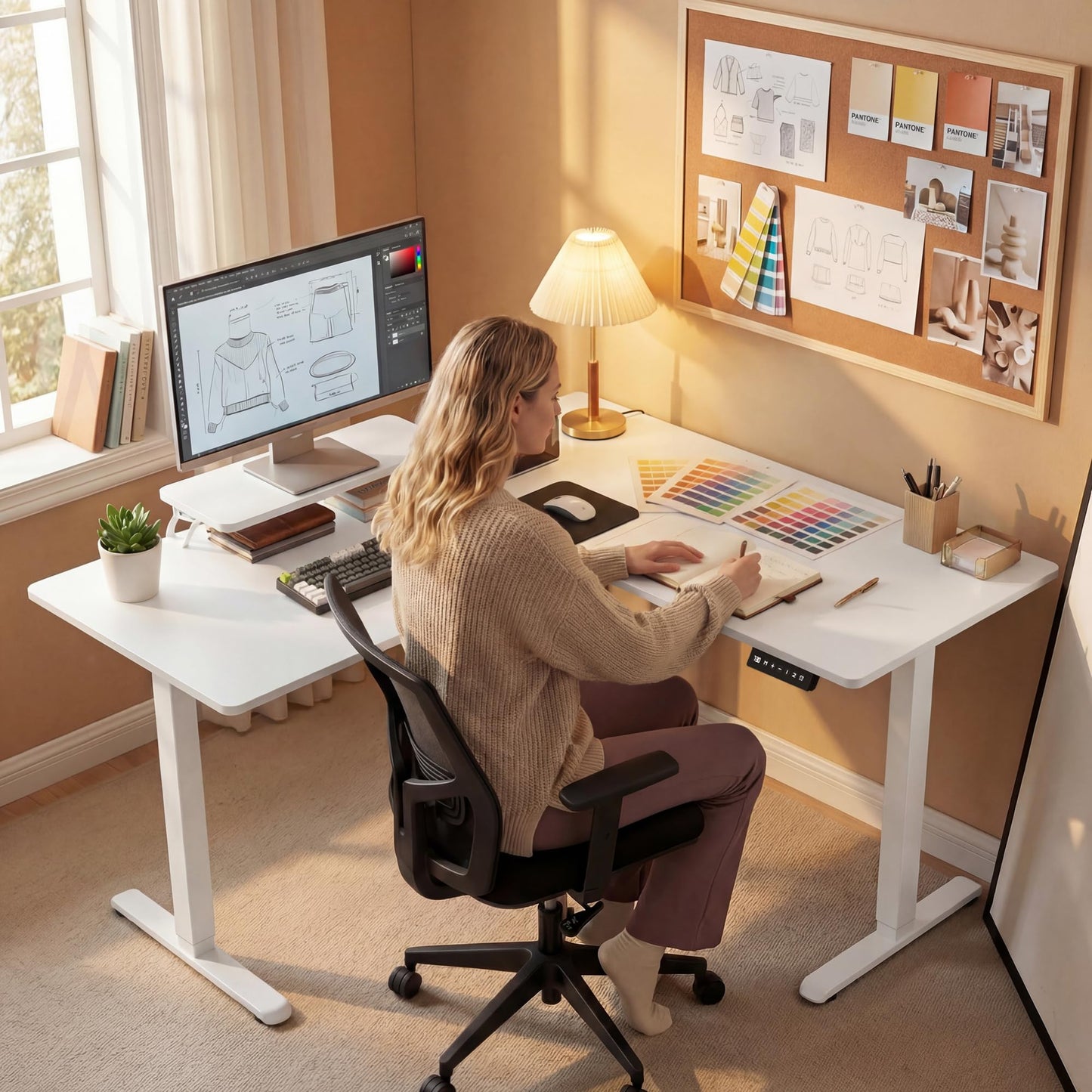 Furmax 63 x 47 Inch L Shaped Standing Desk with 2 Preset Heights, Electric Height Adjustable Computer Desk, Corner Sit Stand Desk for Home Office, 2 Hooks & Feet Balance (White, 63 x 47 Inch)
