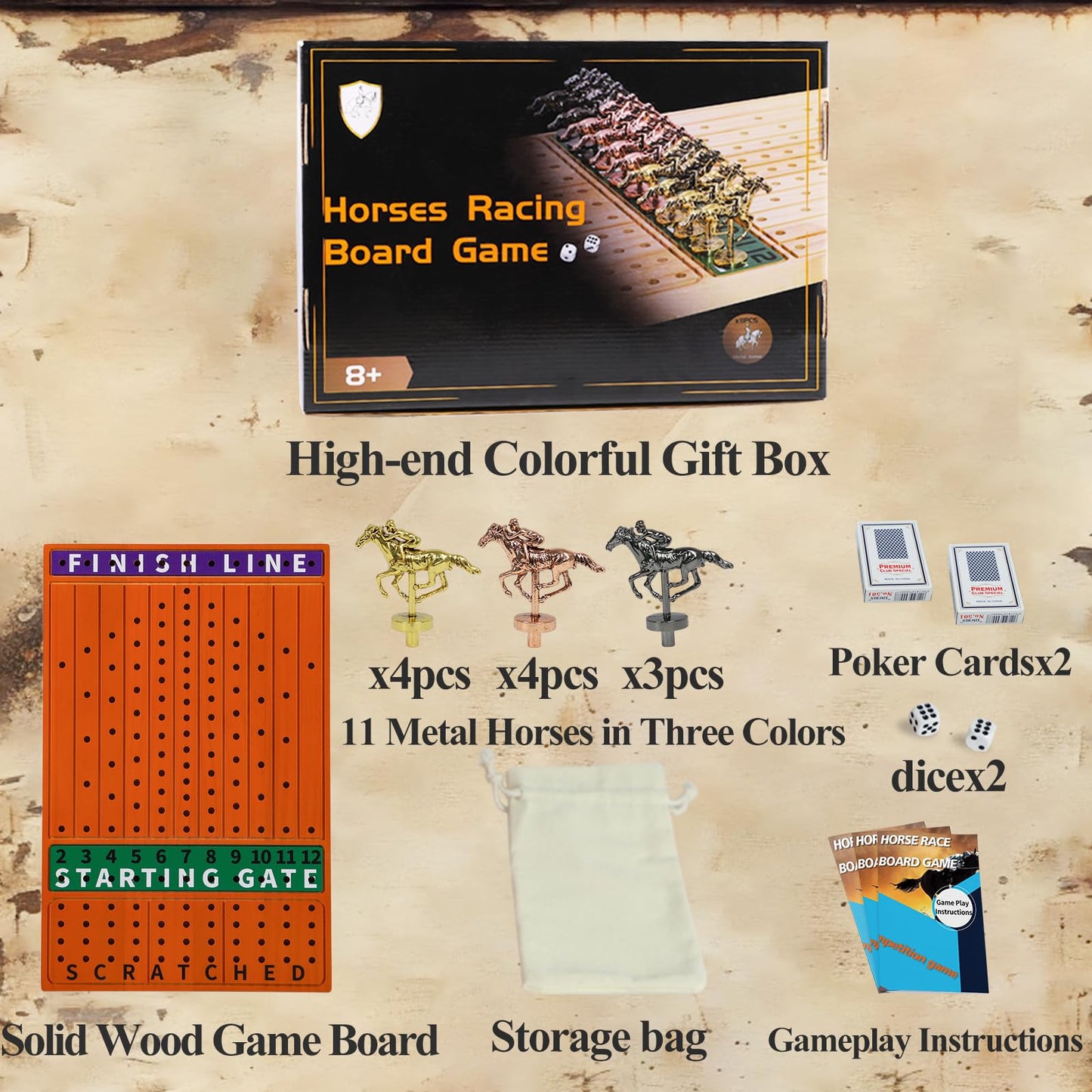 HOROW Horse Racing Board Game Solid Wood Horse Race Card and Dice Board Game Luxury Edition Set with 11 Metal Horses 2 Dices and 2 Boxes of Cards（Rectangle,Red Peach）…