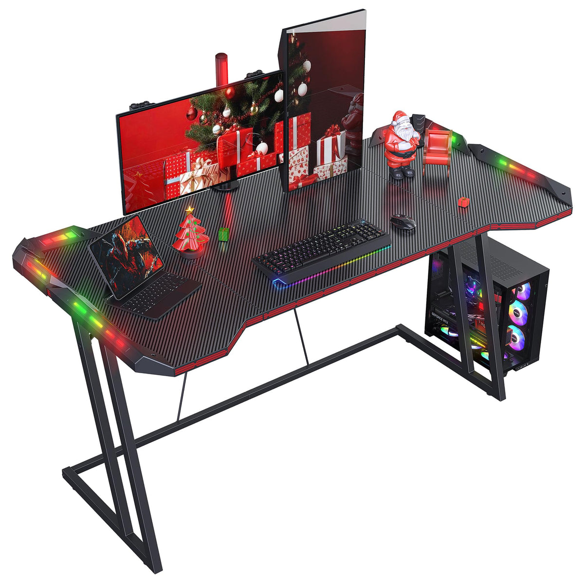 CubiCubi 55 Inch Carbon Fiber Surface Gaming Desk with LED Lights, Z-Shaped Computer Table, Ergonomic Office Desk & PC Workstation with Cable Management, Home Office Desks & Gamer Table, Black