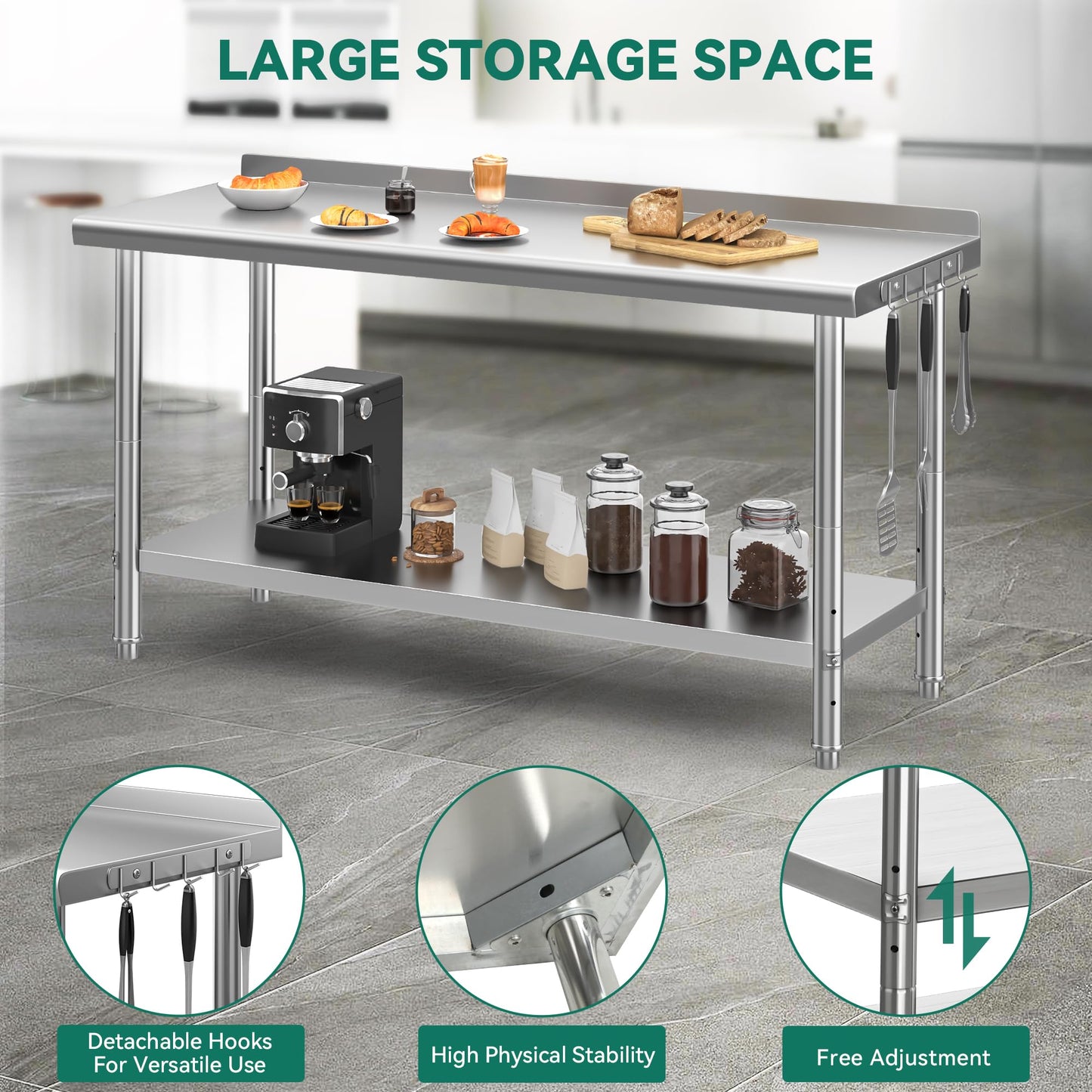 YITAHOME 60" x 24" Stainless Steel Table for Prep & Work with Backsplash, NSF Commercial Heavy Duty Table with Undershelf for Home Kitchen Restaurant Garage Warehouse