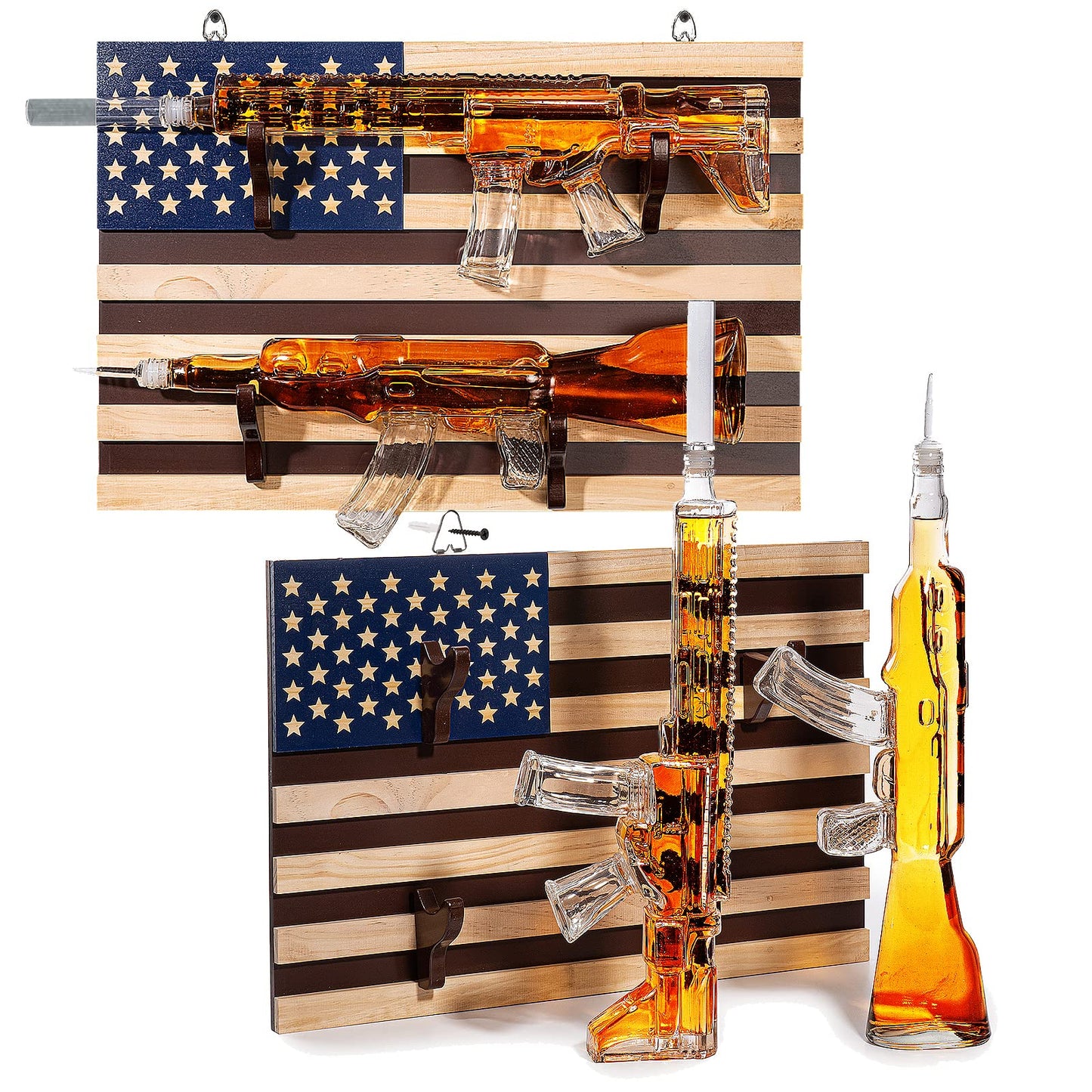 Gifts for Men Dad, Whiskey Decanter Set, 2 Gun Whiskey Decanters Set AR15 and AK47 Gun Decanter 1000ml American Flag Wall Rack - Veteran Gifts, Gun Lover Gifts, Tik Tok Gun Decanter, Military Gifts