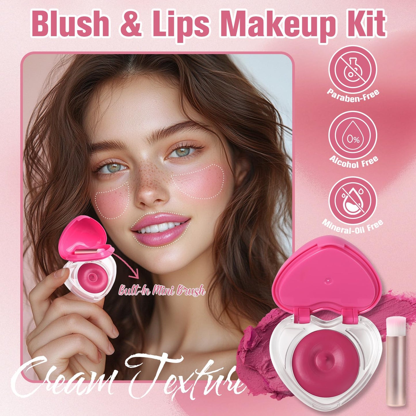 Heart-Shaped Cream Blush for Cheeks & Lips - 2-in-1 Tinted Lip and Cheek Balm Kit with Mini Brush - Blendable Dewy Blusher Face