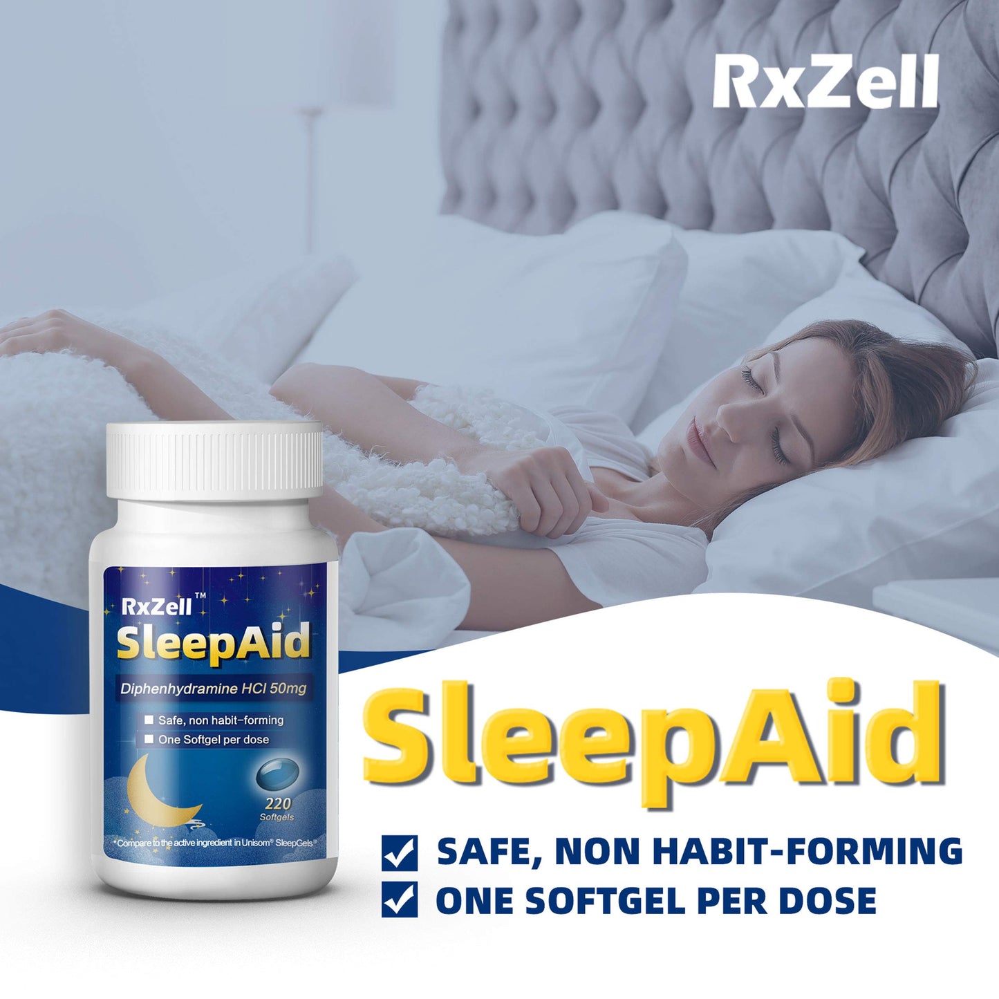RXZELL Sleep Aid, Diphenhydramine Softgels 50mg, Easy-to-Swallow, Supports Deeper Restful Sleeping, Non Habit-Forming (220 Counts | Pack of 2)