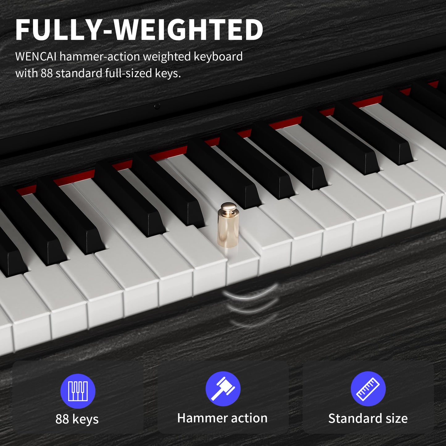 WENCAI 88 Keys Fully Weighted Digital Piano Keyboard, Hammer Action Upright Electric Piano for Beginner Professional with Semi-Automatic Soft-Close Fallboard, 3 Pedals, Black