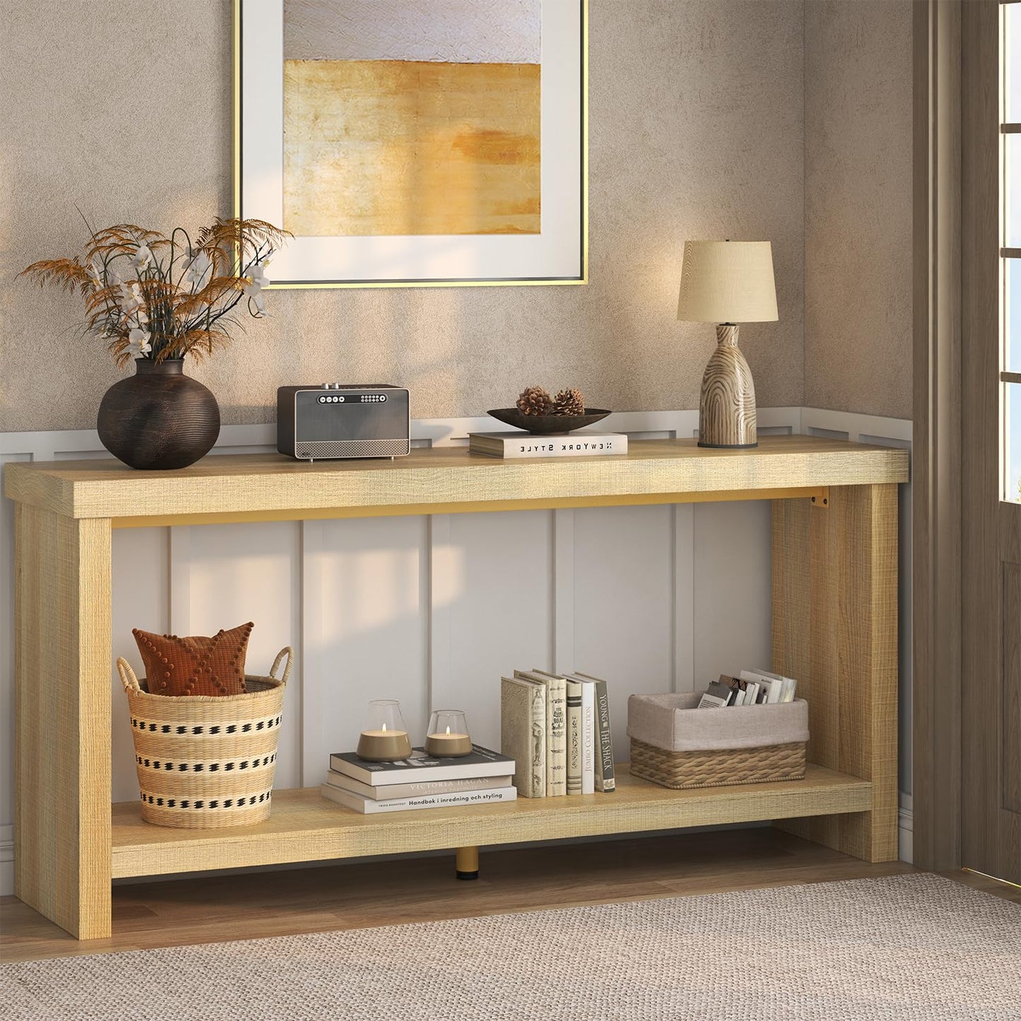 knoworld 63 Inches Narrow Console Table, 2-Tier Long Sofa Tables Behind Couch Table, Farmhouse Foyer Tables for Entryway, Hallway, Living Room, Oak Natural
