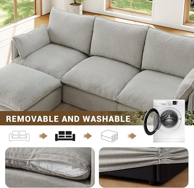 Forest aesthetics Cloud Modular Sectional,Ottoman Waterproof High Backrest Sectional Sofas,Down Filled Modular Couch with Removable Washable Cover for Living Room,Light Gray
