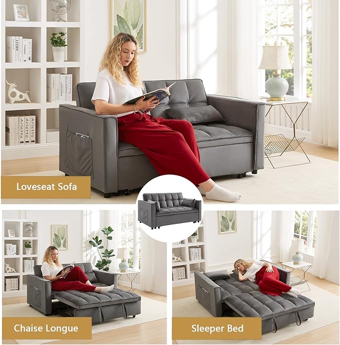 OjvZxqtbrnl Convertible Sofa Bed,3 in 1 Pull Out Couch Adjustable Backrest, Modern Velvet Upholstery Sleeper Sofa Bed, Loveseat Couch for Living Room, Bedroom & Apartments (Grey)