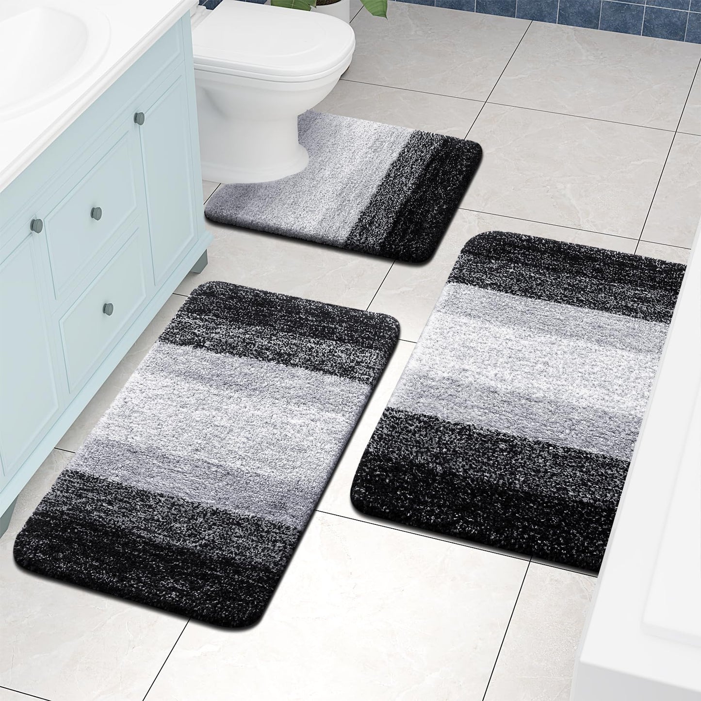 Arotive Microfiber Bathroom and Toilet U-Shaped Rugs - Bath Size 24x16, Toilet Size 24x20 in Black, 2 Item Bundle