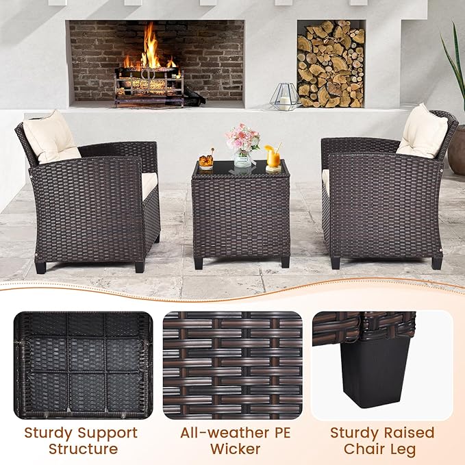 ORALNER 3 Pieces Patio Furniture Set, Outdoor Wicker Conversation Set Rattan Chairs with Cushions, Glass Coffee Table, Bistro Set for Front Porch Balcony Garden Deck Poolside (White)