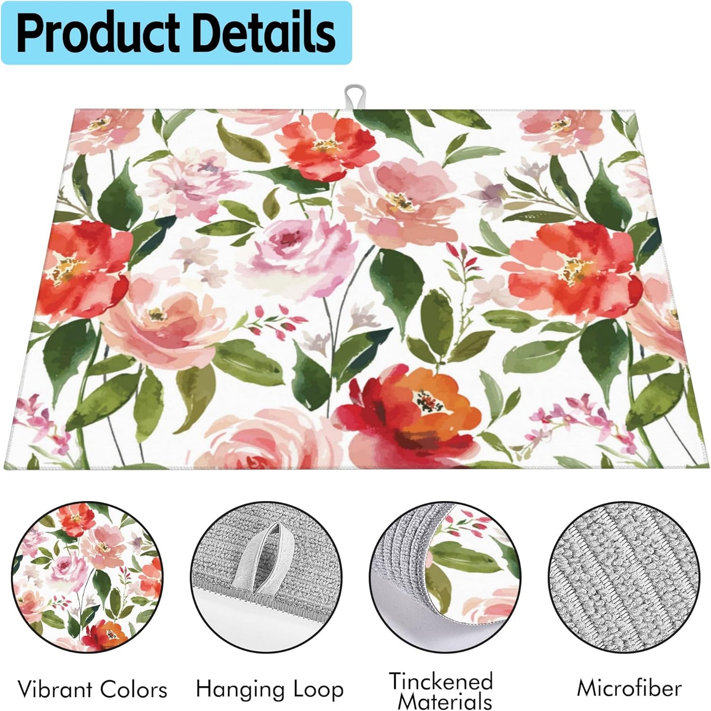 Large Dish Drying Mat for Kitchen Counter,18"X24" Watercolor Rose Flowers Super Absorbent Reversible Microfiber Dish Drying Mat Dish Drainer Mat,Drying Pad for Kitchen Countertop Coffee Bar