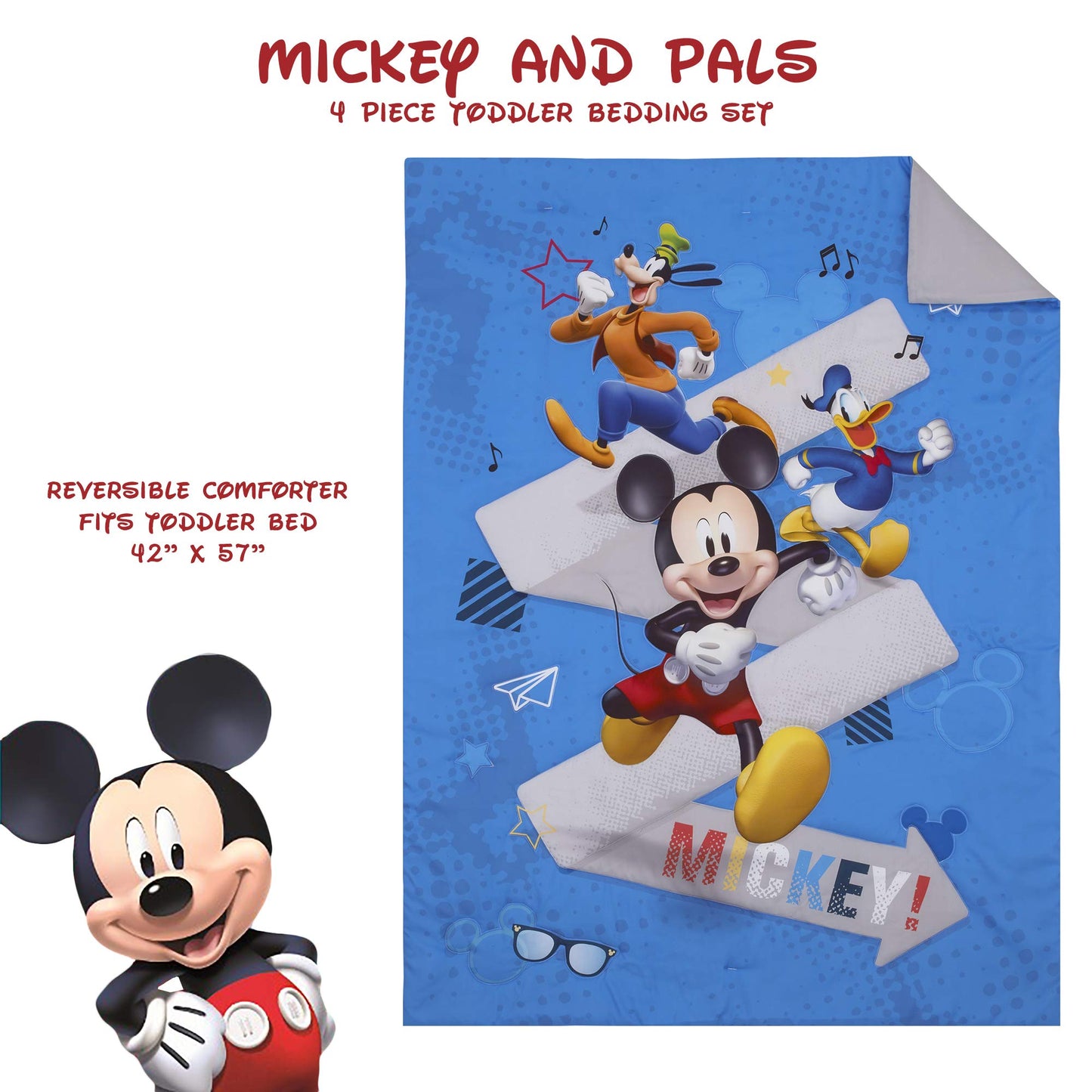 Disney Mickey Mouse Toddler Bed Set | 4 Piece Bedding Set | Fitted Sheet, Pillow Case, Top Sheet, and Comforter Quilt - Blue