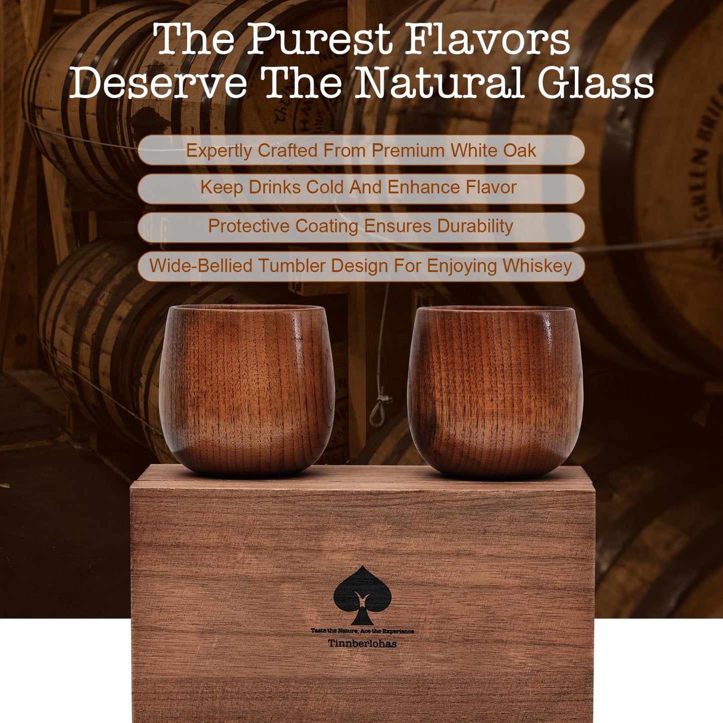 Tinnberlohas Wooden Whiskey Glasses Set of 2 – Durable Bourbon Glass for Men, Insulated Old Fashioned Glass – Whiskey Gifts for Husband, Dad, Brother – Birthday, Christmas, Father’s Day, Retirement