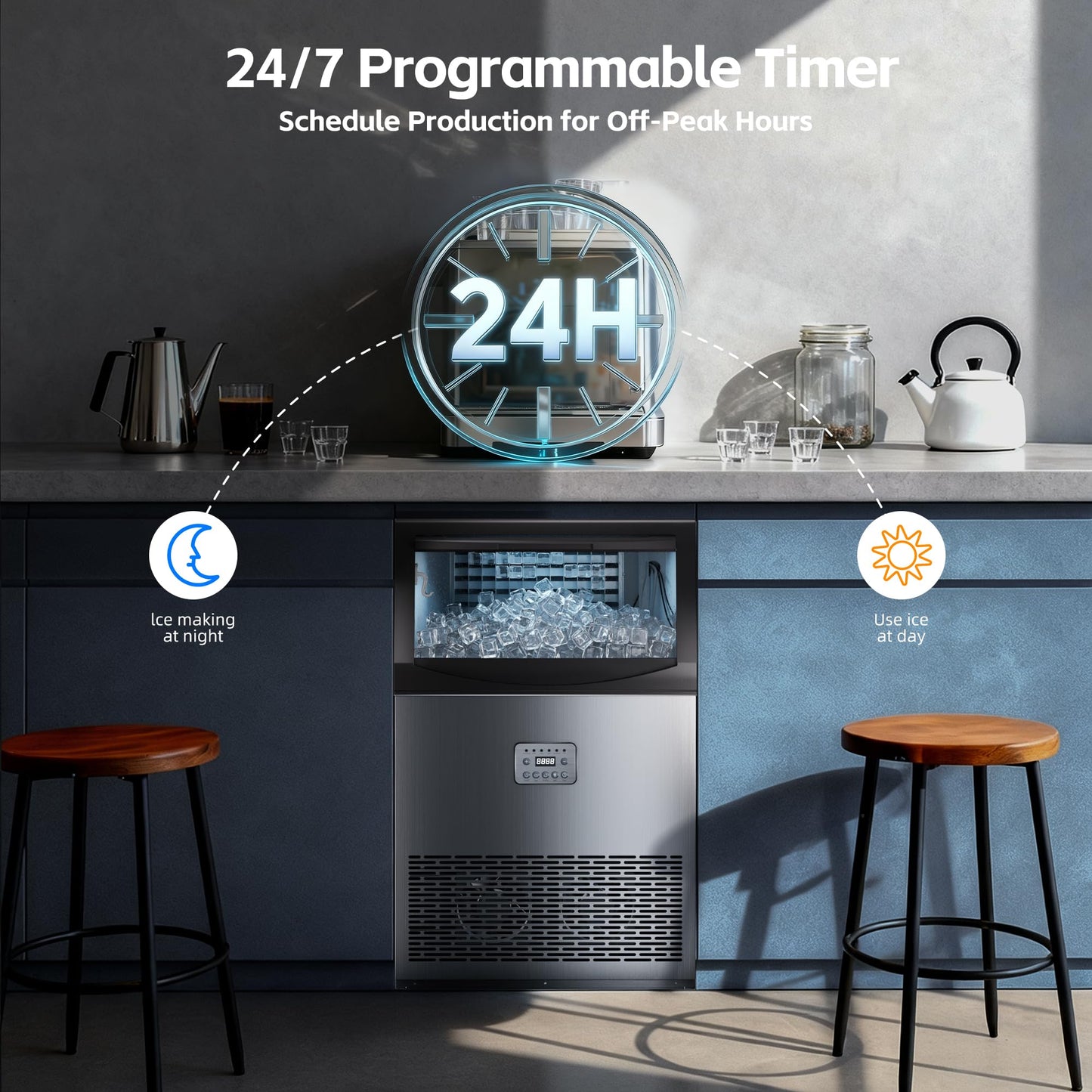Commercial Ice Maker Machine 110lbs/24H, 33lbs Storage Ice Maker for Business, 50 Cubes in 7-14Mins, Stainless Steel Ice Maker for Cafe Bar Restaurant Beverage Shops, Under Counter Ice Machine