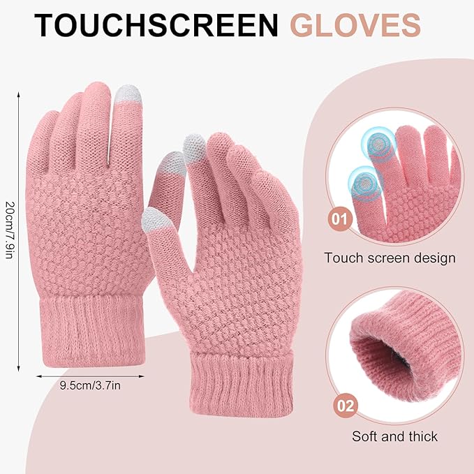 SATINIOR 5 Pcs Winter Hat Scarf Gloves Set Fleece Warm Lined Knit Beanie Hat Touch Screen Earmuff Gloves Warmer for Women(Pink,Cute Style)