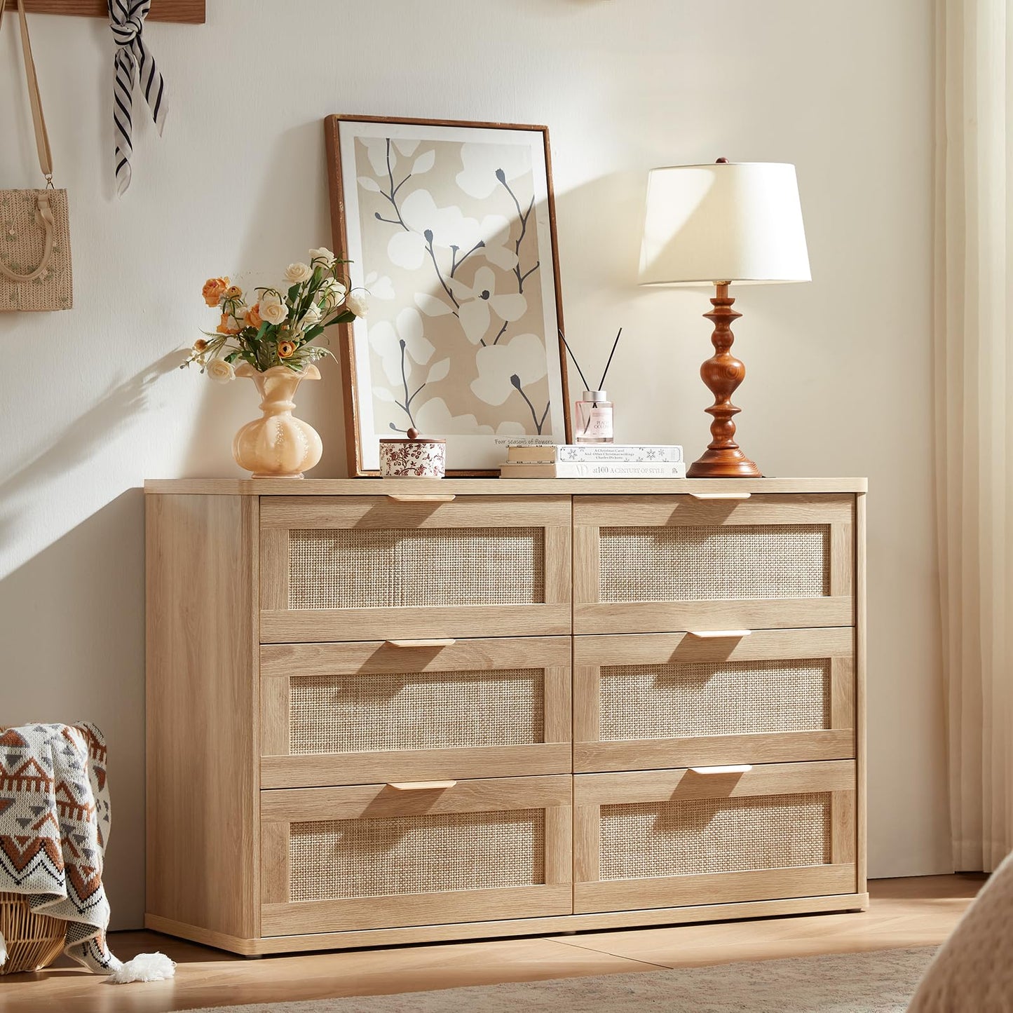 LEYAOYAO Rattan 6 Drawer Dresser for Bedroom, Boho 48" Wide Natural Wood Dresser Chest of Drawers, Dressers TV Stand with Metal Handle, Storage Dressers Closet Organizer for Living Room, Hallway