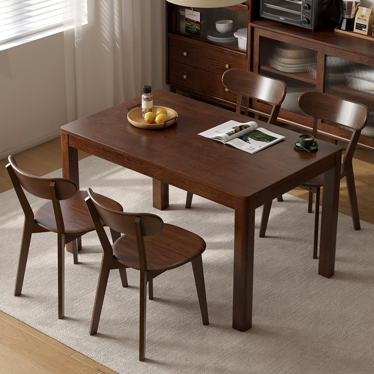 100% Solid Wood Dining Chairs Set of 2, Mid Century Modern Dining Chairs with Curved Backrest, Wooden Desk Chair with Solid Rubber Wood Frame for Kitchen, Dining Room, Study, Living Room, Walnut (2PK)