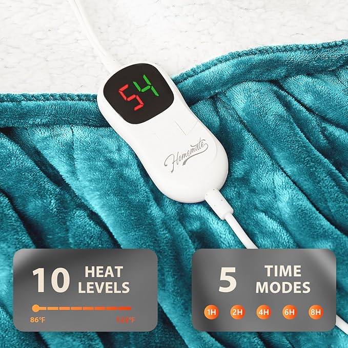 Homemate Electric Heated Blanket Full - 72"x84" Heating Bed Blankets Throw with 10 Heating Levels 8 Hours Auto Off Fast Heating Over-Heated Protection Ultra Soft Warm Flannel ETL Certified