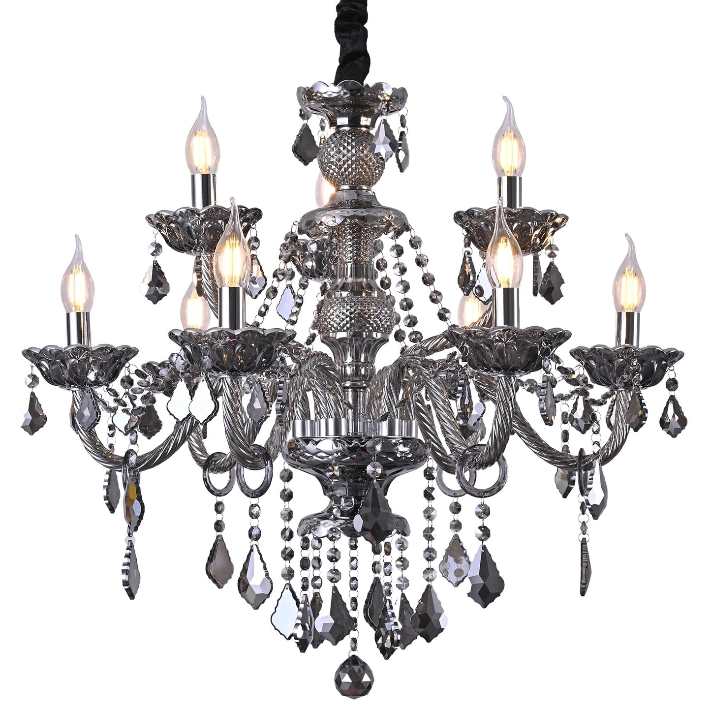 Uboxin Luxury Crystal Chandelier Smoke Gray,Double Layer K9 Crystal Chandelier Light Fixtures 9-Light Candle Style Crystal Ceiling Light Lamp for Dining Living Room Bedroom