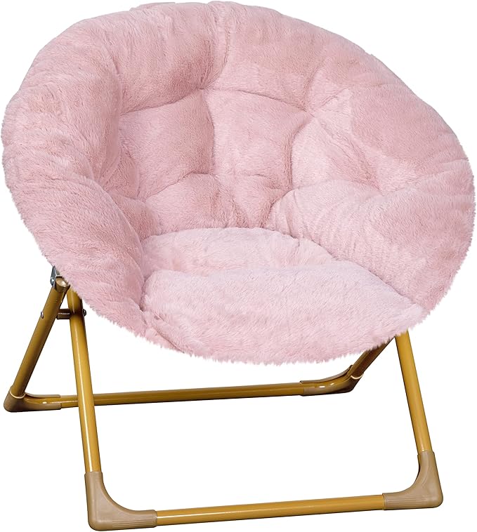 Flash Furniture Gwen Kids Cozy Mini Folding Saucer Chair - Blush Faux Fur Moon Chair - Soft Gold Metal Frame - 23" Portabl...