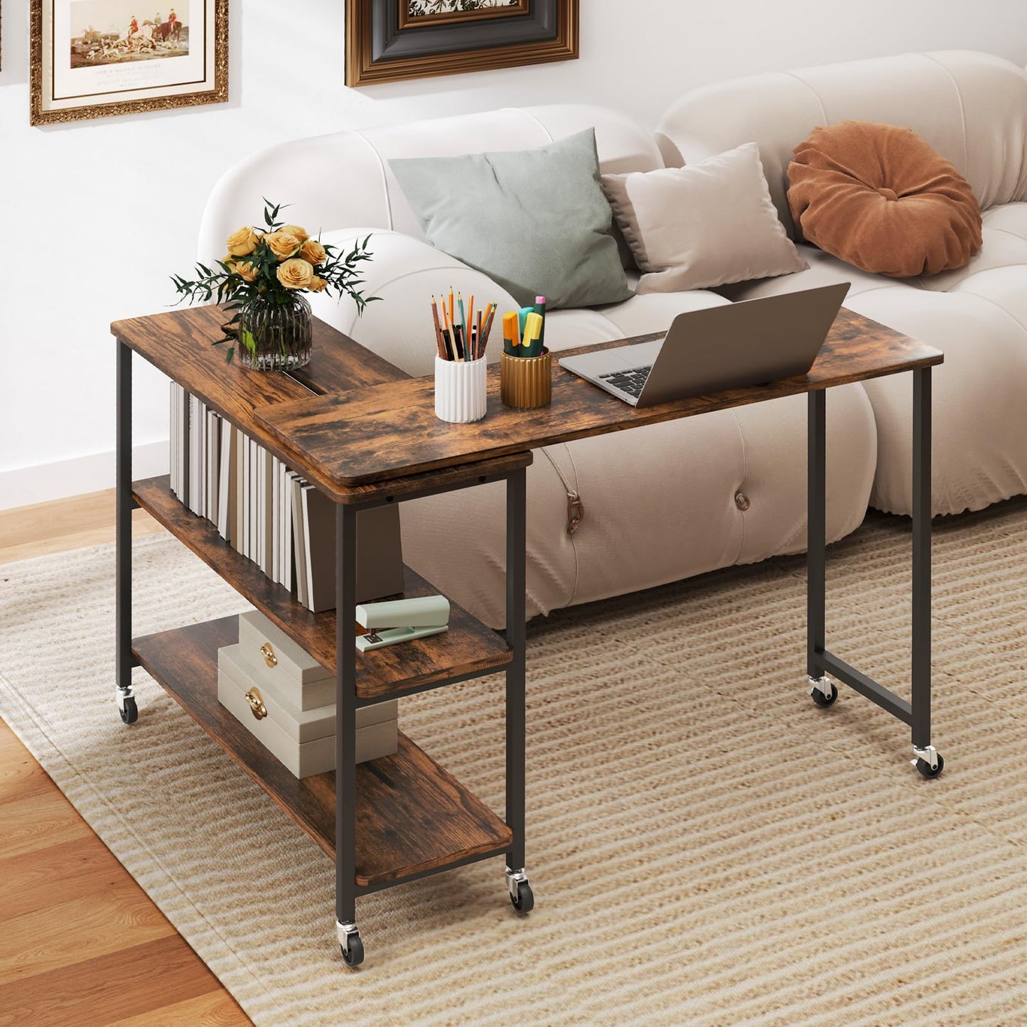 Giantex 360° Free Rotating Sofa Side Table, Patented Mobile End Table with 2-Tier Storage Shelves, Movable Laptop Table w/ 6 Universal Casters, Couch Table Snack Table for Home Office, Large
