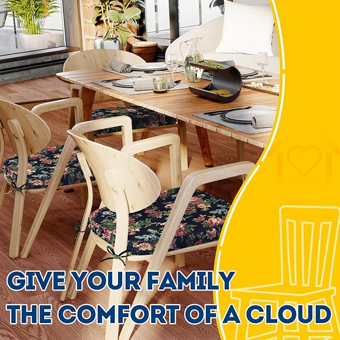 AAAAAcessories D-Shaped Chair Cushions, 2" Thick Dining Chair Pads with Ties and Removable, Machine-Washable Cover, 17" x 16", Night-Blooming Blossoms