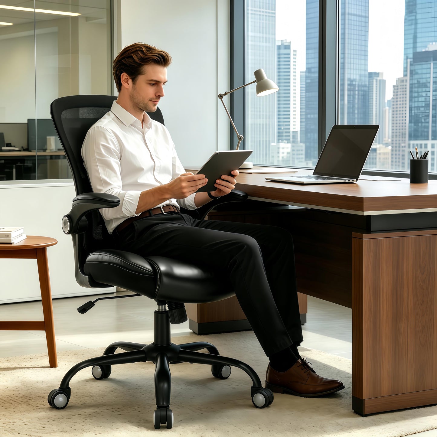 Ergonomic Office Chair, Adjustable Flip-Up Armrest Desk Chair with Lumbar Support, 360° Swivel Breathable Mesh Computer Chair, Adjustable Height Executive High Back Office Chair for Home Office