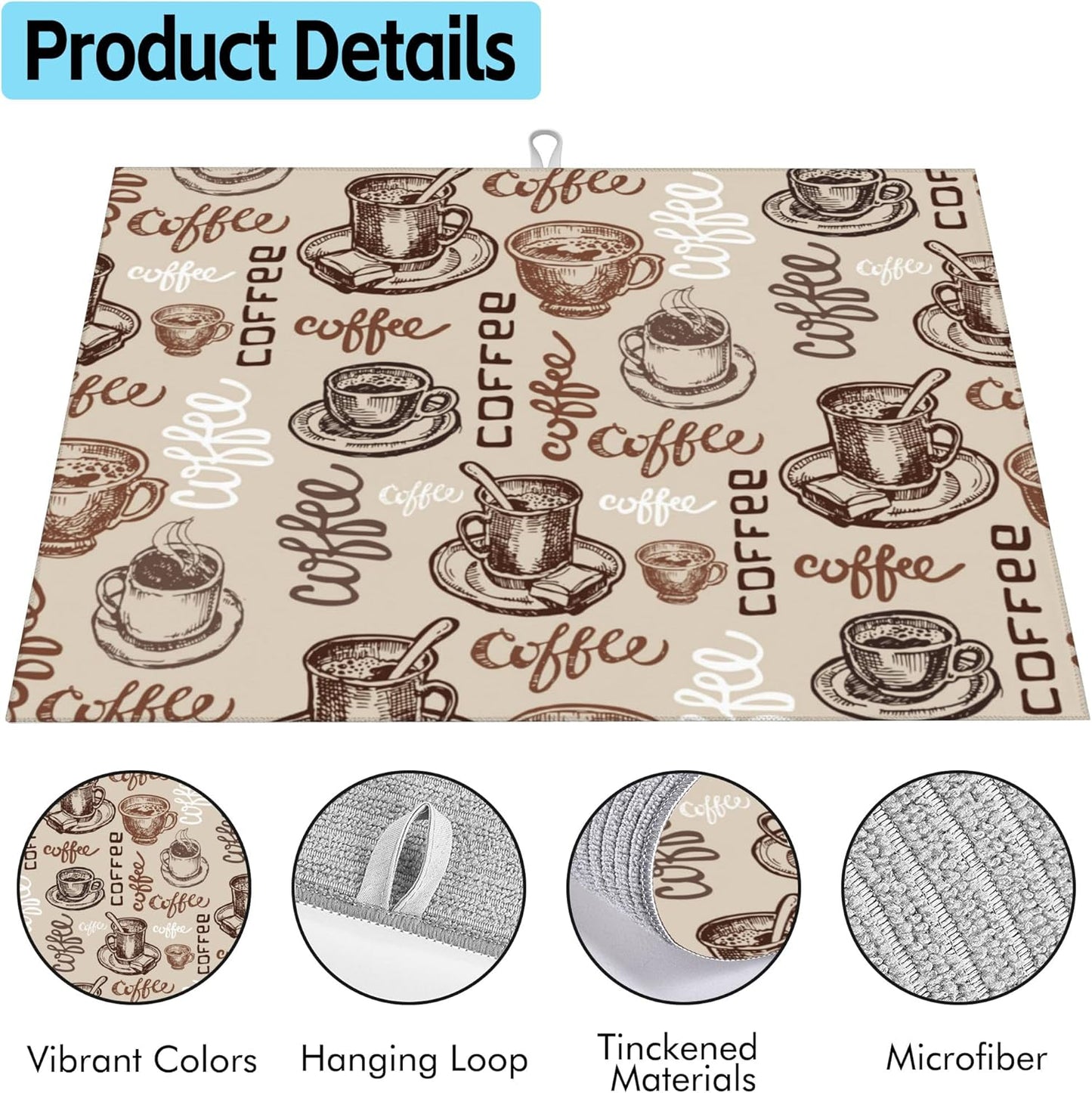 Large Dish Drying Mat for Kitchen Counter,18"X24" Vintage Coffee Theme Patterns Super Absorbent Reversible Microfiber Dish Drying Mat Dish Drainer Mat Drying Pad for Kitchen Countertop Coffee Bar
