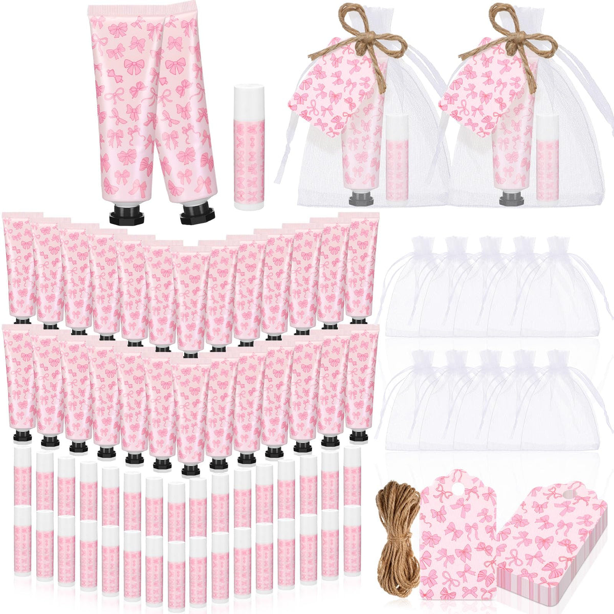 Swiffen 48 Sets Pink Bow Baby Shower Favors Bulk Coquette Baby Shower Gifts for Guests Include 48 Hand Cream and 48 Lip Balm Pin