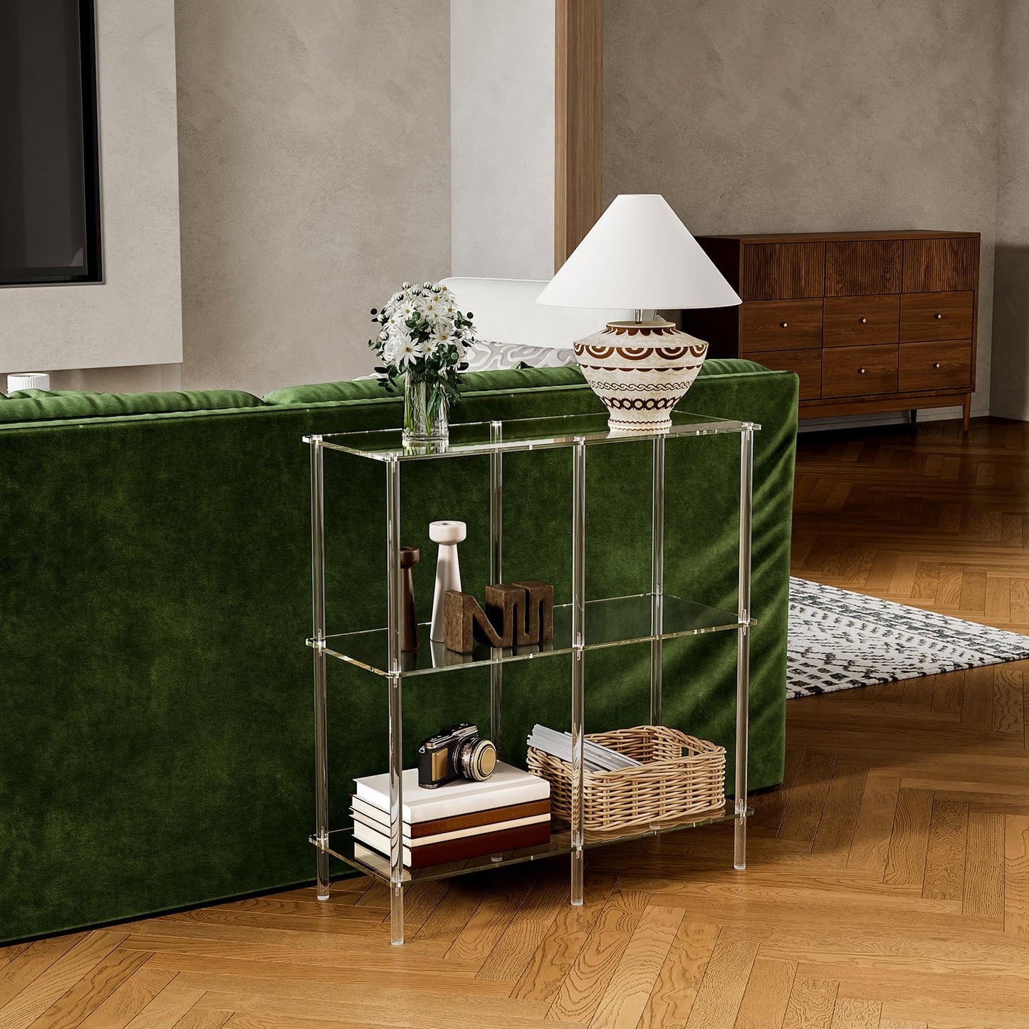 CRTERICX Acrylic Console Table, 29.5" Small Entryway Table with Open Shelves, Clear Entry Table for Sofa, Foyer, Hallway, Living Room, Easy Assembly, 3 Tier, 11.8" D x 31.7" H