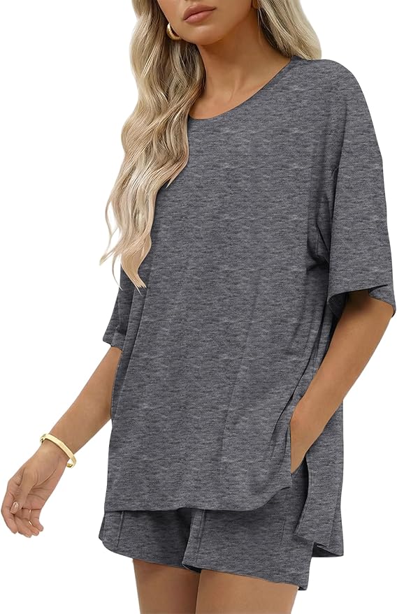 Ekouaer Womens 100% Cotton 2 Pieces Short Sets Summer Short Sleeve Outfits Casual Maching Lounge Set with Pockets