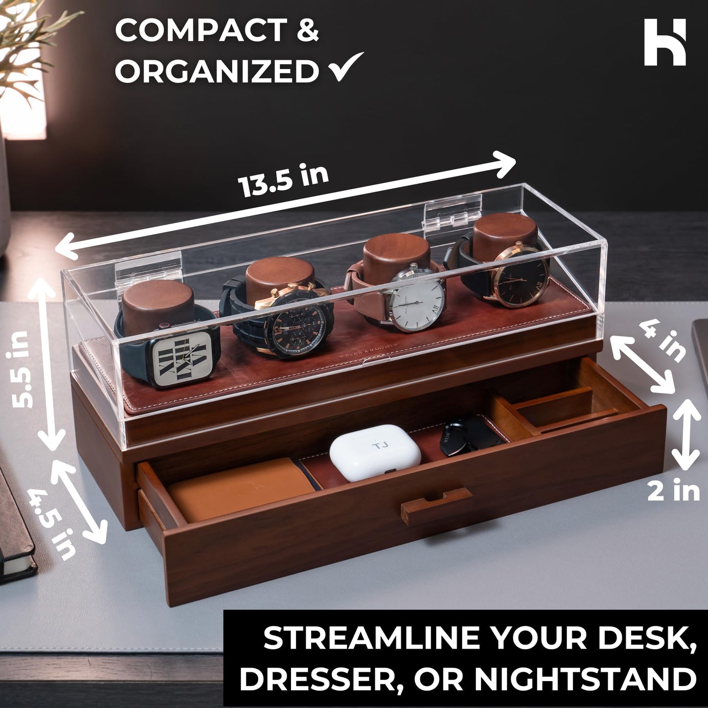 Holme & Hadfield Premium 4-Slot Wooden Watch Display Case – Handcrafted Men’s Watch Box with Accessory Drawer, Hinged Cover, Leather Lining – Birthday Gift for Collectors – Luxury Built to Last