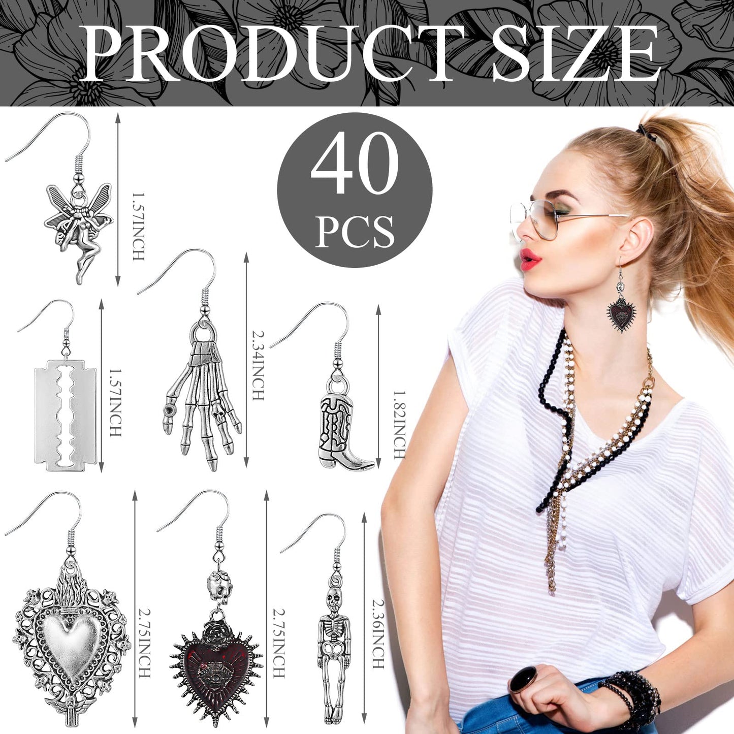 Yinkin 40 Pairs Goth Earrings Set Grunge Punk Rock Dangle Earring Gothic Y2k Jewelry Bat Cross Snake Skull Earrings for Women(Stylish)